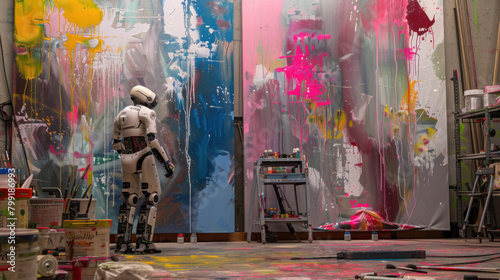An android artist with paint-splattered metallic limbs, creating vivid landscapes on giant canvases in an automated factory turned art studio.