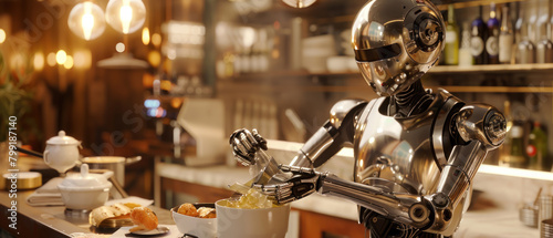 A chef droid with a body of polished chrome, whipping up luminescent dishes with ingredients from synthetic organic printers.