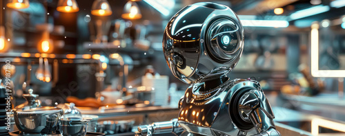 A chef droid with a body of polished chrome, whipping up luminescent dishes with ingredients from synthetic organic printers.