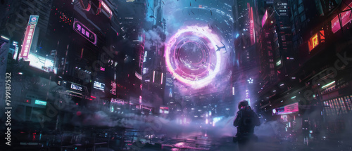A cybernetic warrior in a dystopian cityscape, neon lights reflecting off his visor as he navigates through the digital fog and holographic debris.