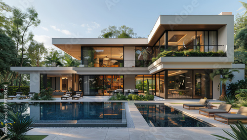 A modern villa with an outdoor pool and large glass windows. Created with Ai