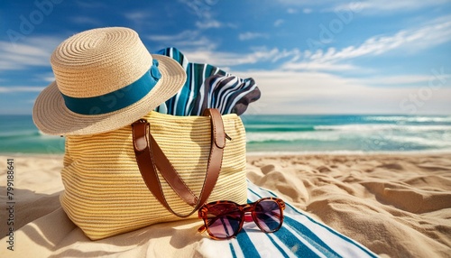 A beach bag with a sunhat, sunglasses, and a colorful beach towel, set on the sandy shore 