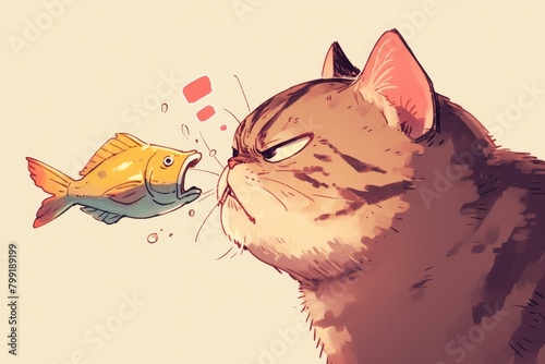 A cat's face contorted in disgust, smelling a smelly fish, illustrated in a humorous, exaggerated style