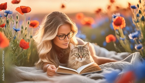 Frau mit ihren Katze in einen Blumenwiese auf der Bauch liegend liest ein Buch. 