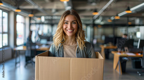 A woman is smiling and holding a cardboard box. Concept of happiness and excitement, as the woman is opening a package or receiving a gift. The setting suggests a workplace or office environment