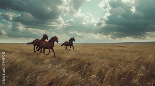 A family of wild horses galloping freely across a wide open prairie under a dramatic sky.