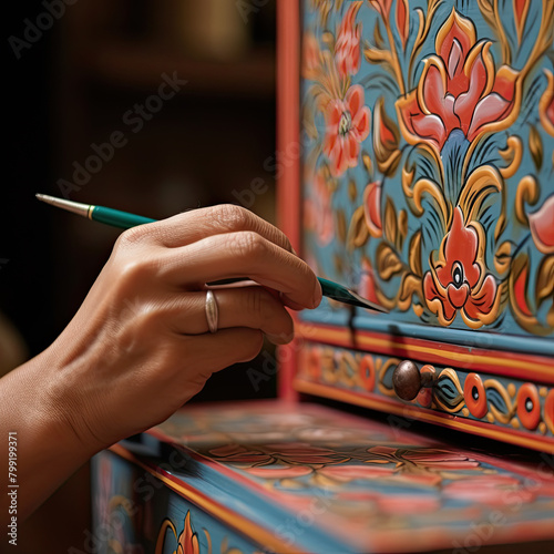 Skilled Indian Artisan Creating Beautiful Hand-Painted Furniture Close Up