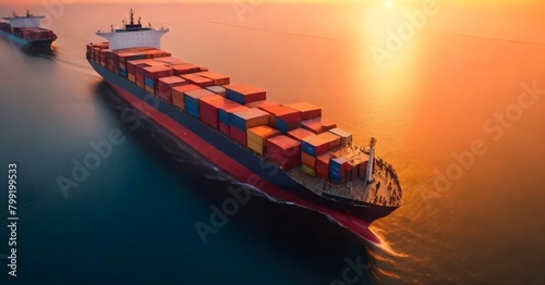 A large cargo ship carrying colorful shipping containers on the open sea at sunset