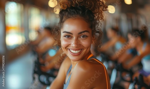 Cheerful young woman on group cycling class, Generative AI