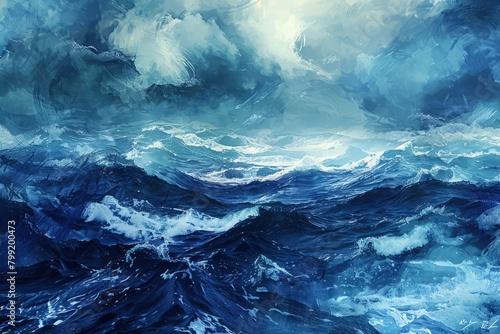 Artistic rendition of a stormy sea with deep blues and whites