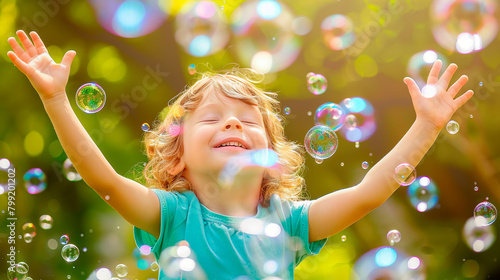Portrait of a little happy child rejoicing with soap bubbles on a sunny meadow. Active children's summer holiday concept