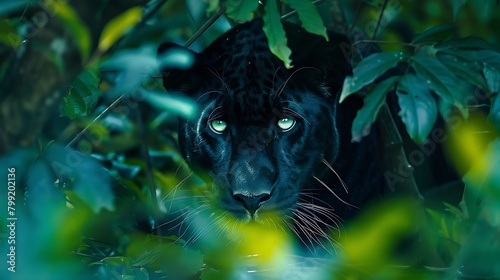 A rare sighting of a black panther stealthily moving through dense underbrush in a remote jungle.