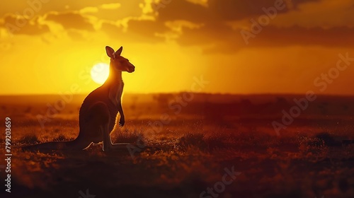 A serene scene of a lone kangaroo silhouetted against the backdrop of a vast Australian desert at dusk.