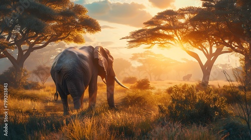 A serene scene of a wise old elephant grazing peacefully in a sunlit clearing of an African savannah.