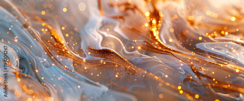 Golden amber marble ink cascades elegantly amidst a luminous abstract backdrop, glistening with radiant glitters.