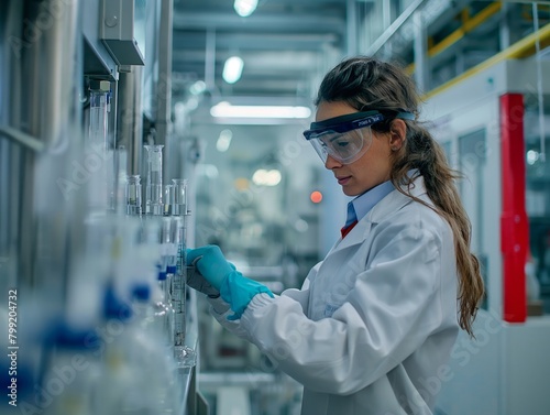 A woman in a lab coat is wearing a pair of goggles and gloves as she works with chemicals