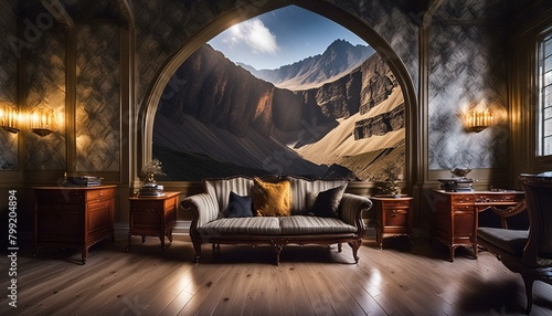 a decadent room with illusory wallpaper, in a beautiful, dimly lit film scene obscured by a tectonic crater, scene emphasized through intense lighting and shadow juxtaposition