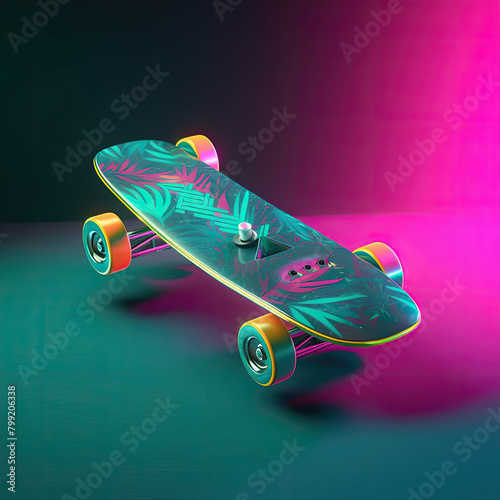 Vibrant Skateboard Against Dark Green Background