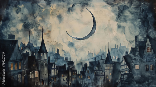 watercolour, fantasy golden Waxing Crescent - A sliver of the Moon becomes visible as a crescent on the right side, above an old town
