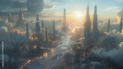 A breathtaking cityscape featuring futuristic skyscrapers and advanced modes of transportation like flying cars and high-speed trains