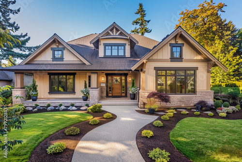 An elegant craftsman cottage style house in warm beige, with a triple pitched roof, meticulously designed front yard, and inviting pathway, reflecting a modern and cozy home atmosphere.