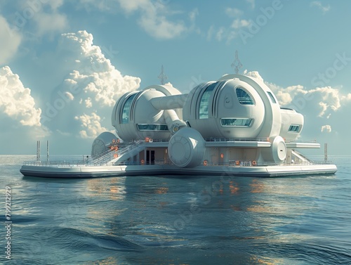 A futuristic space station is floating on the ocean. The station is made of white and blue materials and has many windows. Scene is one of wonder and excitement