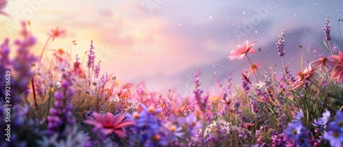 A field of flowers with a purple sky in the background. The flowers are in full bloom and the sky is a mix of pink and blue