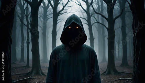 A hooded figure standing in a dark, eerie forest with twisted, bare trees and a mysterious, glowing portal