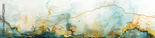 Colors of summer. Abstract texture july or august summer banner. Abstract dusty gold liquid watercolor background with sea blue cracks. Pastel golden marble alcohol ink drawing effect.