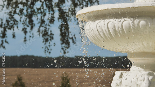 Decorative white fountain against a background of nature.
