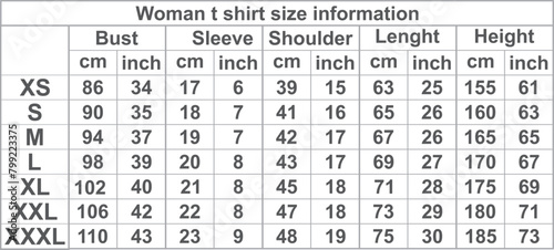 Female t shirt sizes information. vector
