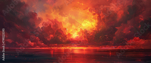 Fiery hues of amber and scarlet ignite the sky, a blazing sunset setting the world aflame with wonder.