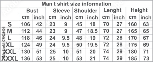 Male t shirt sizes information. vector