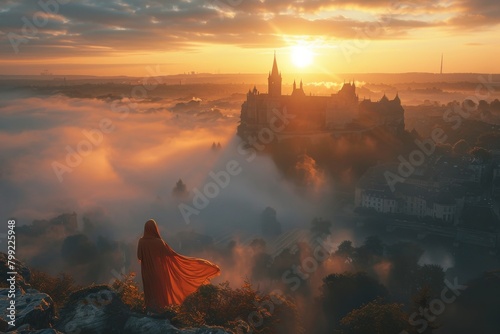 A woman stands on a hill overlooking a city with a castle in the distance