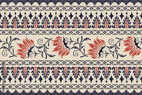 Ethnic Floral pattern seamless embroidery white background. Ikat red maroon flower motif traditional. Aztec Tribal style abstract vector illustration vintage design for print template.