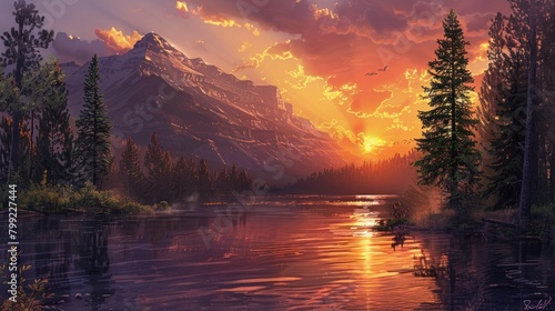 A beautiful sunset over a lake with mountains in the background. The sky is filled with orange and pink hues, creating a serene and peaceful atmosphere