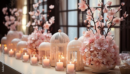 A beautiful image of a table decorated with pink flowers and candles.