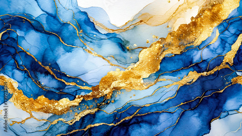 Abstract gold glitter and cobalt blue watercolor pattern, alcohol ink texture. Generative ai