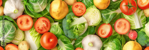 A vibrant display of fresh vegetables, featuring tomatoes, cabbage, and lemons, illustrating healthy eating