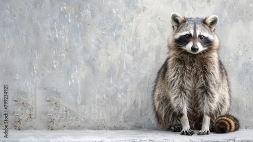 A raccoon sitting against a concrete backdrop.
