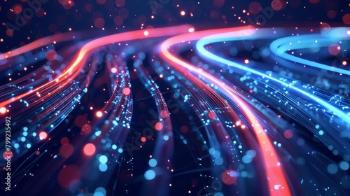 Dynamic Fiber Optic Data Streams, Futuristic Network Connectivity with Glowing Blue and Red Lines, Abstract Technology Background