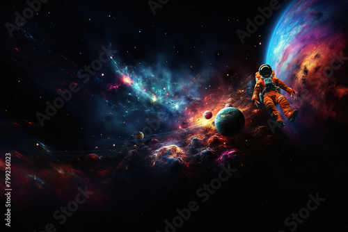 Astronaute en combinaison orange flottant dans l'espace, image avec espace pour texte.