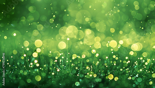Meadow Dew Green Glitter Defocused Abstract Twinkly Lights Background, sparkling blurred lights in fresh meadow dew green colors.