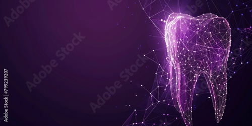 Abstract low poly digital tooth shape made of glowing dots and lines on a dark purple background,