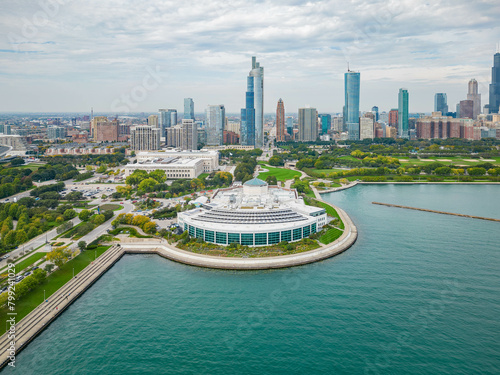 Sunny aerial view of the Shedd Aquarium and downtown cityscape