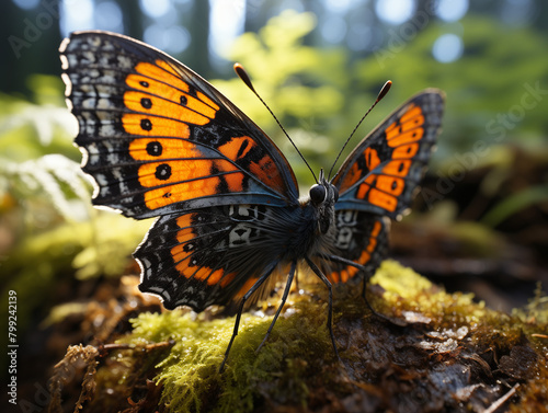 Un gros plan d'un papillon orange et noir reposant sur du bois couvert de mousse, avec ses ailes largement déployées sur fond de forêt à l'aube.