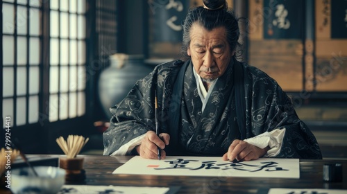The picture of the calligrapher working inside the building, the calligrapher's work is to use brush and writing text on the paper, this job require skills like brushwork skill and patience. AIG43.
