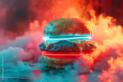 A deluxe burger that appears to emit its own light, with neon glows of cyan, red, and blue enveloping it.