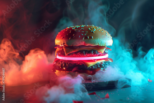 A deluxe burger that appears to emit its own light, with neon glows of cyan, red, and blue enveloping it. 