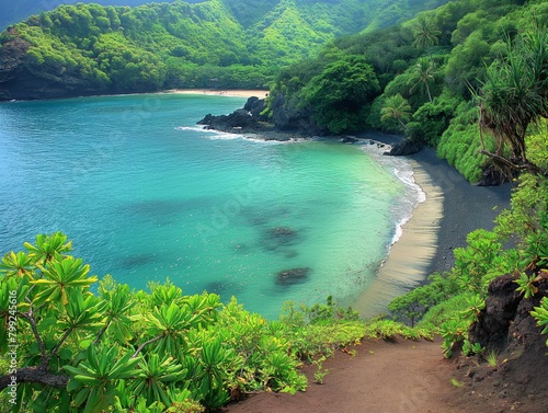 A beautiful beach with a blue ocean and green trees. The beach is rocky and has a path leading to it